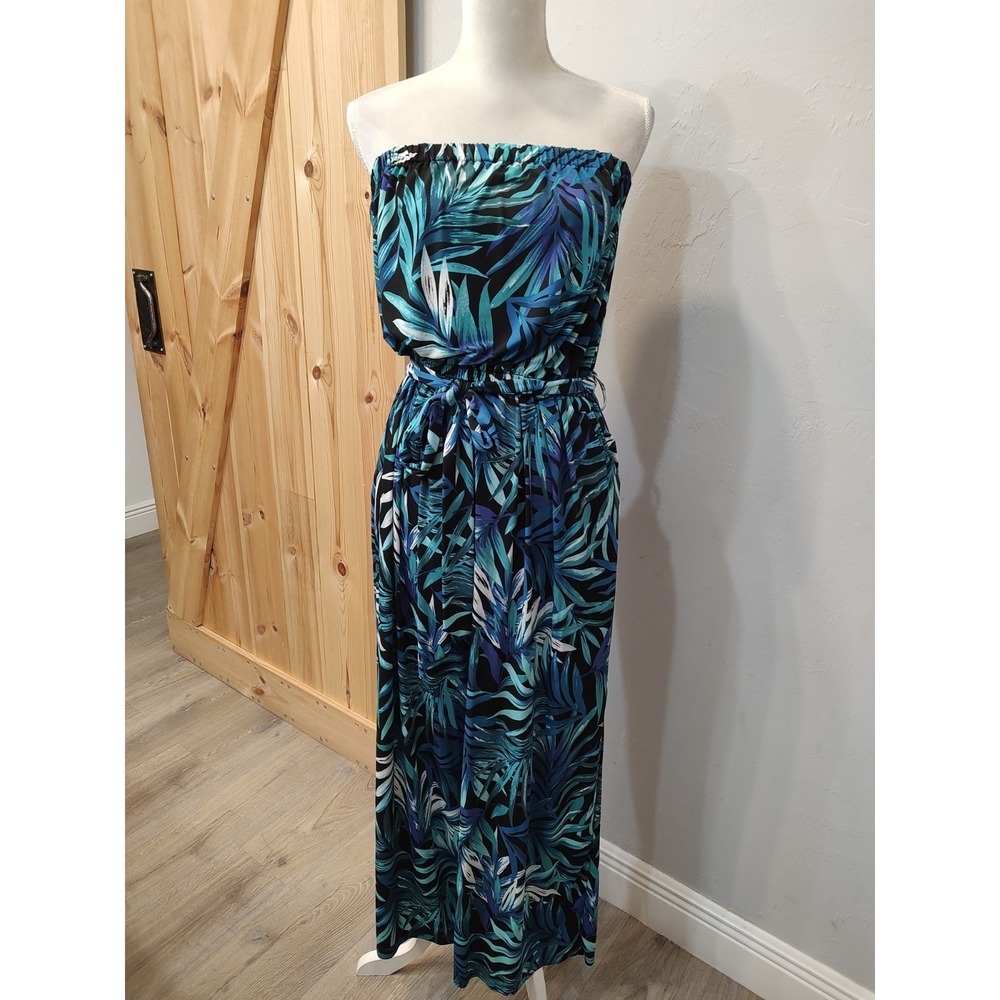 Simply Styled Strapless Jumpsuit One Piece lightweight Tropical Pant Sz L Pocket